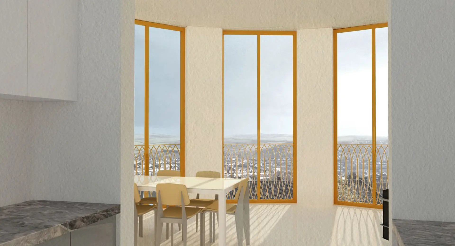 Interior view from flat, with views across the surrounding houses to the sea and Downs