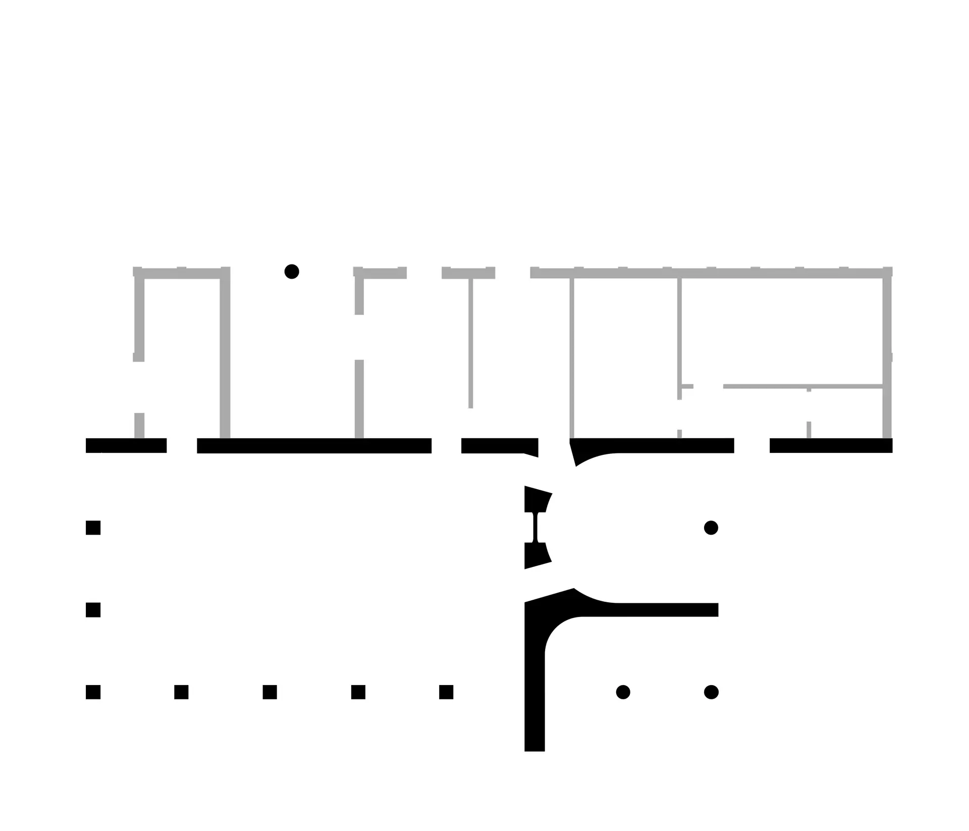 Plan diagram showing rammed earth in black and timber framining in grey