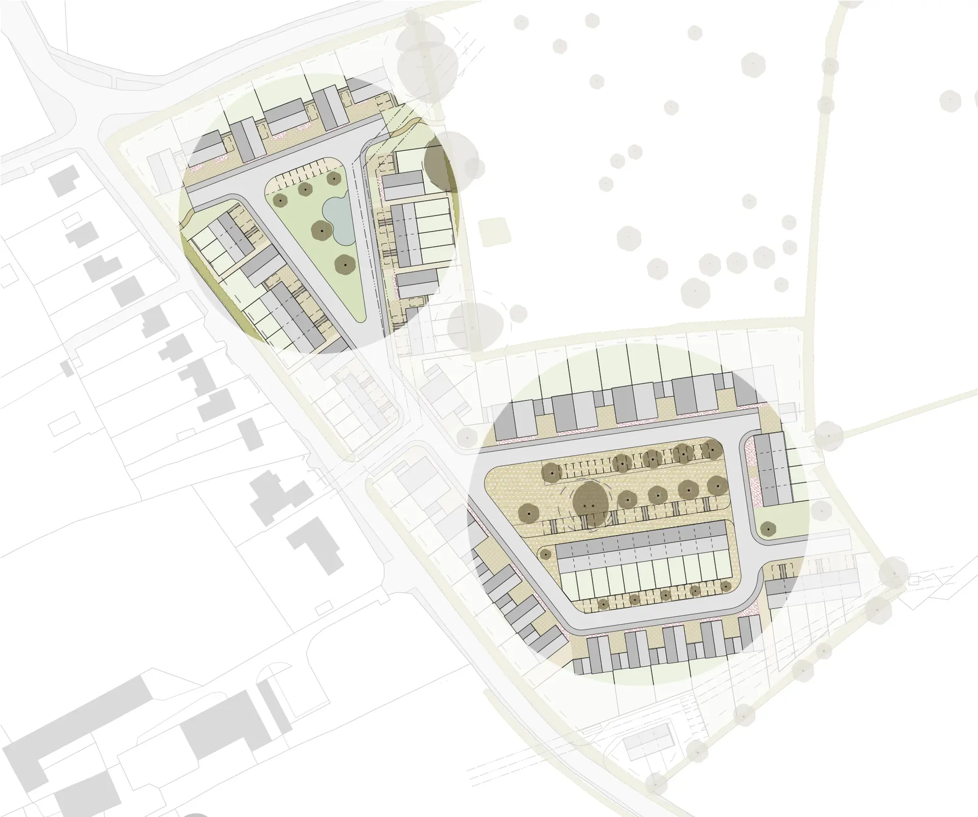 Site plan highlighting the 'village green' to the north, and paved square to the south