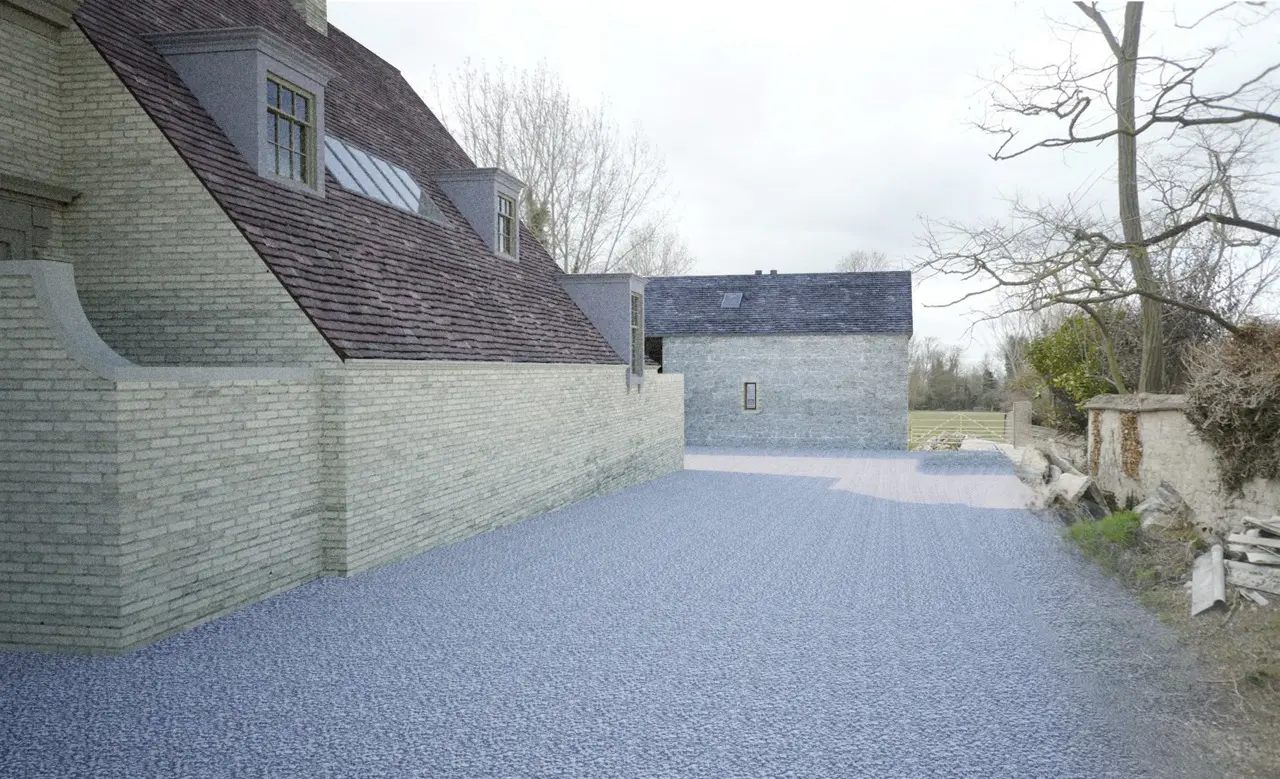 View along new lane towards barn, with house on the left