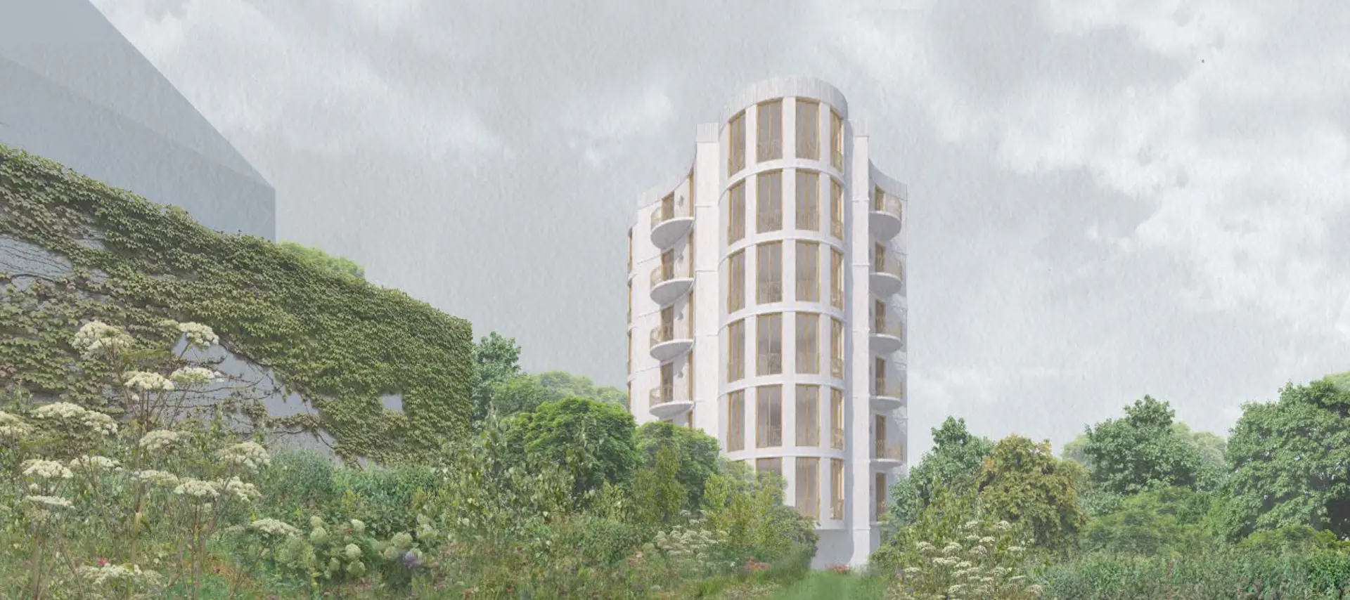 View from street access, the building appears as a folly nestled in a bucolic landscape in suburban Brighton