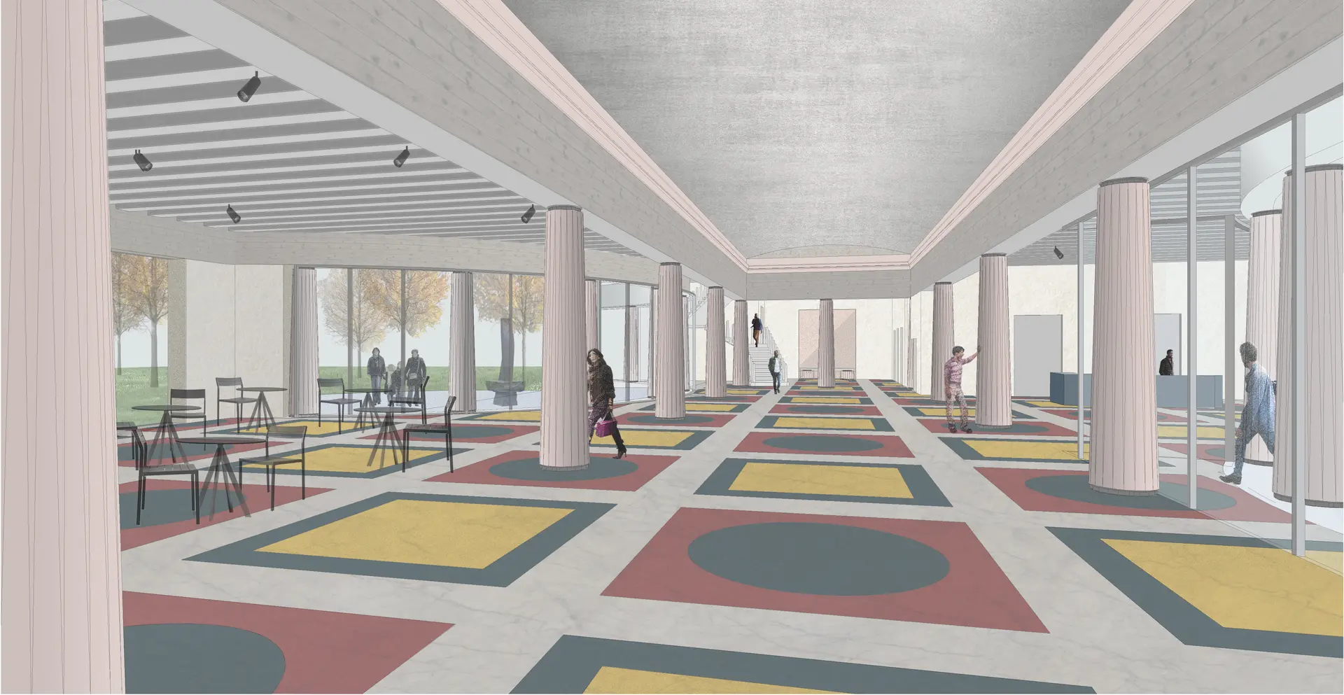 Foyer interior with stone floor, concrete fluted columns and concrete vaulted ceiling