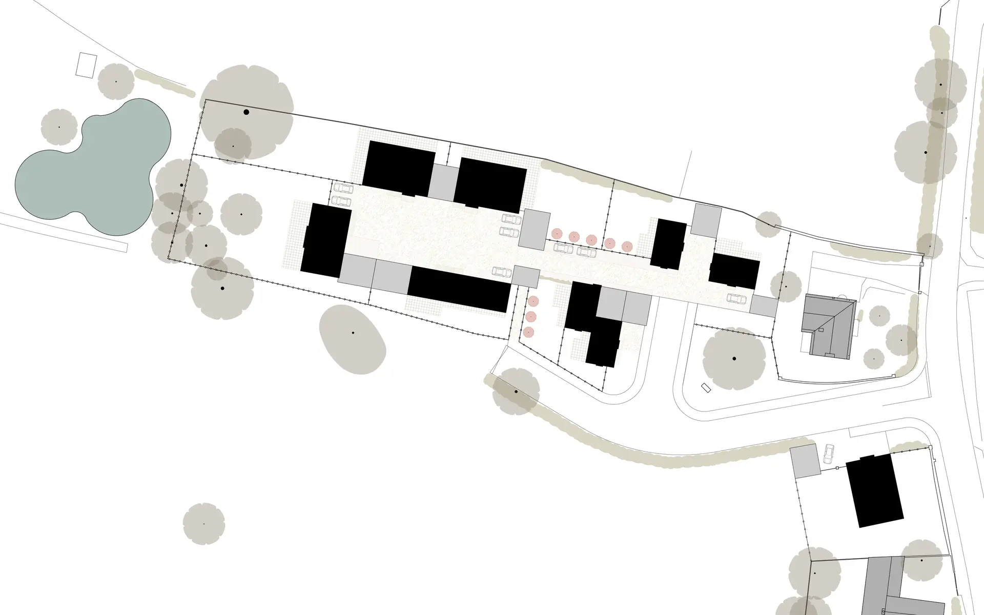 Site layout plan with house 1 to the right, cottages arranged around the lime tree and new housing defining the yard beyond