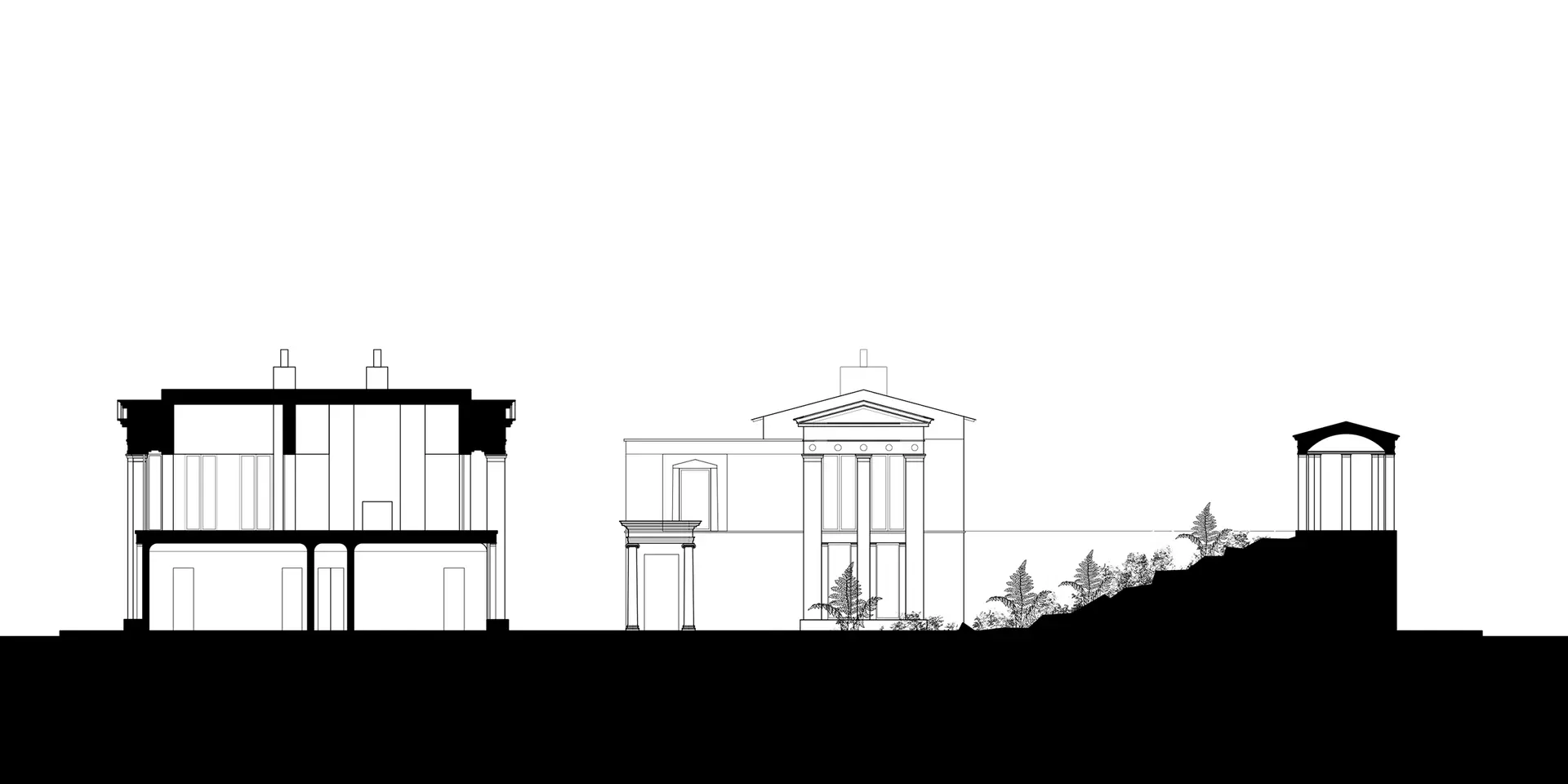 Section through the site, showing the ha-ha rock garden and pavilion