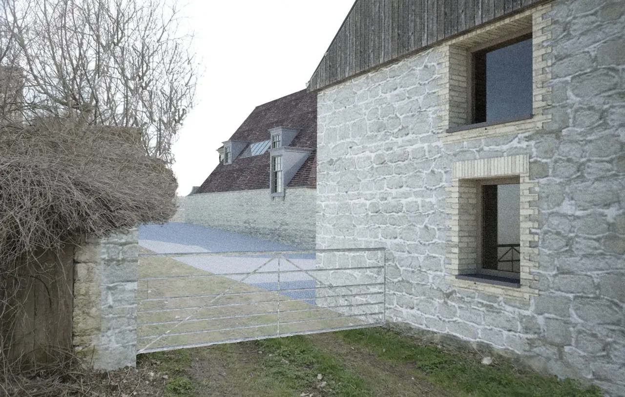 View from paddock to side of barn, towards house