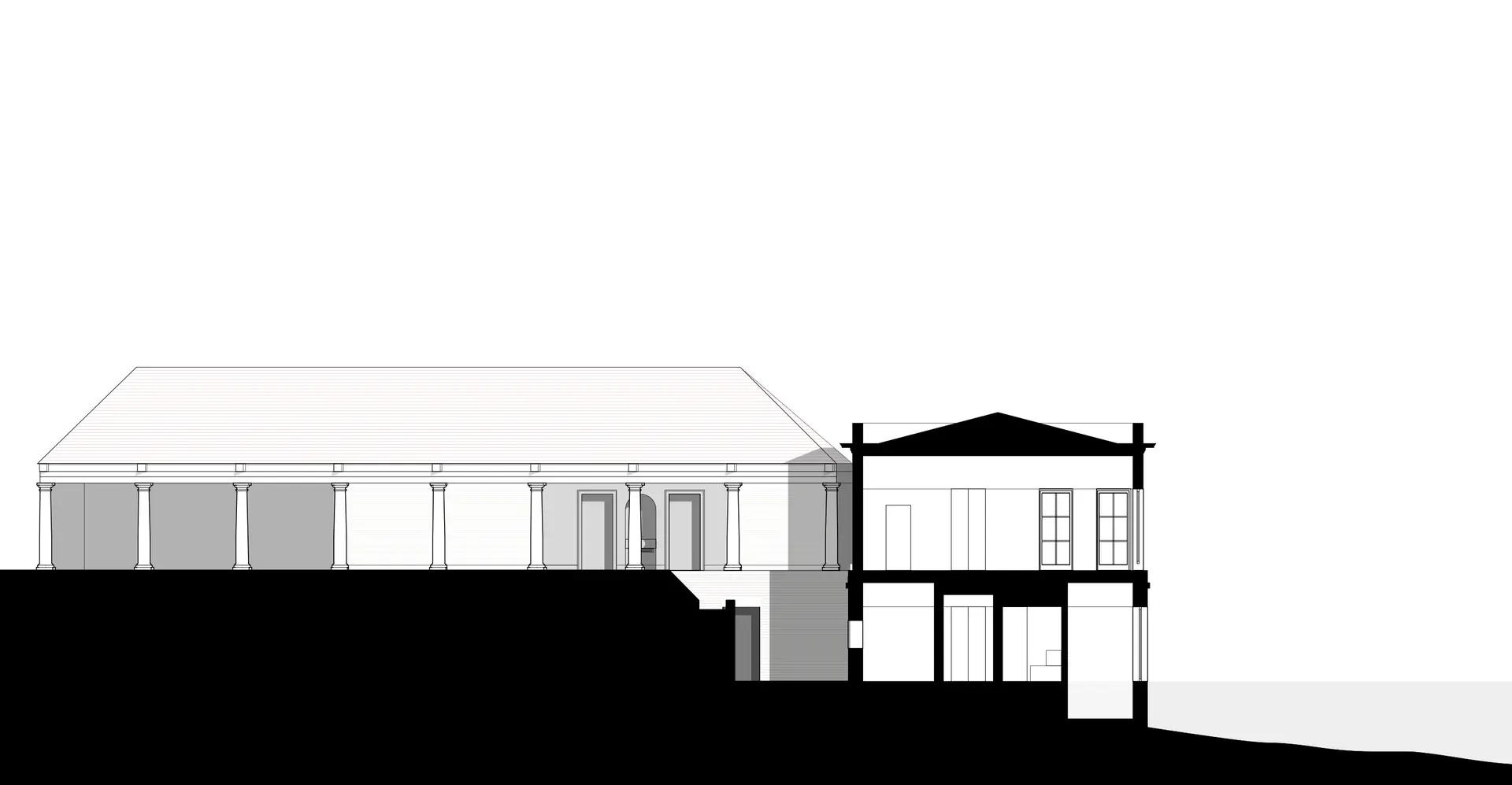 Cross section through kitchen, sauna and pool