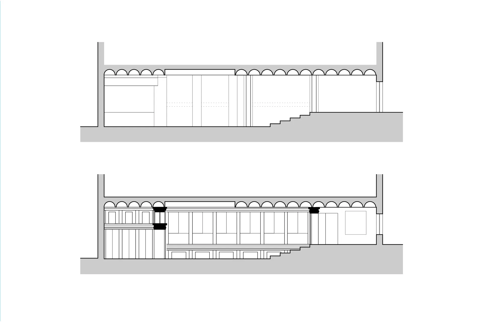 Existing and proposed sections through lecture theatre and ante room
