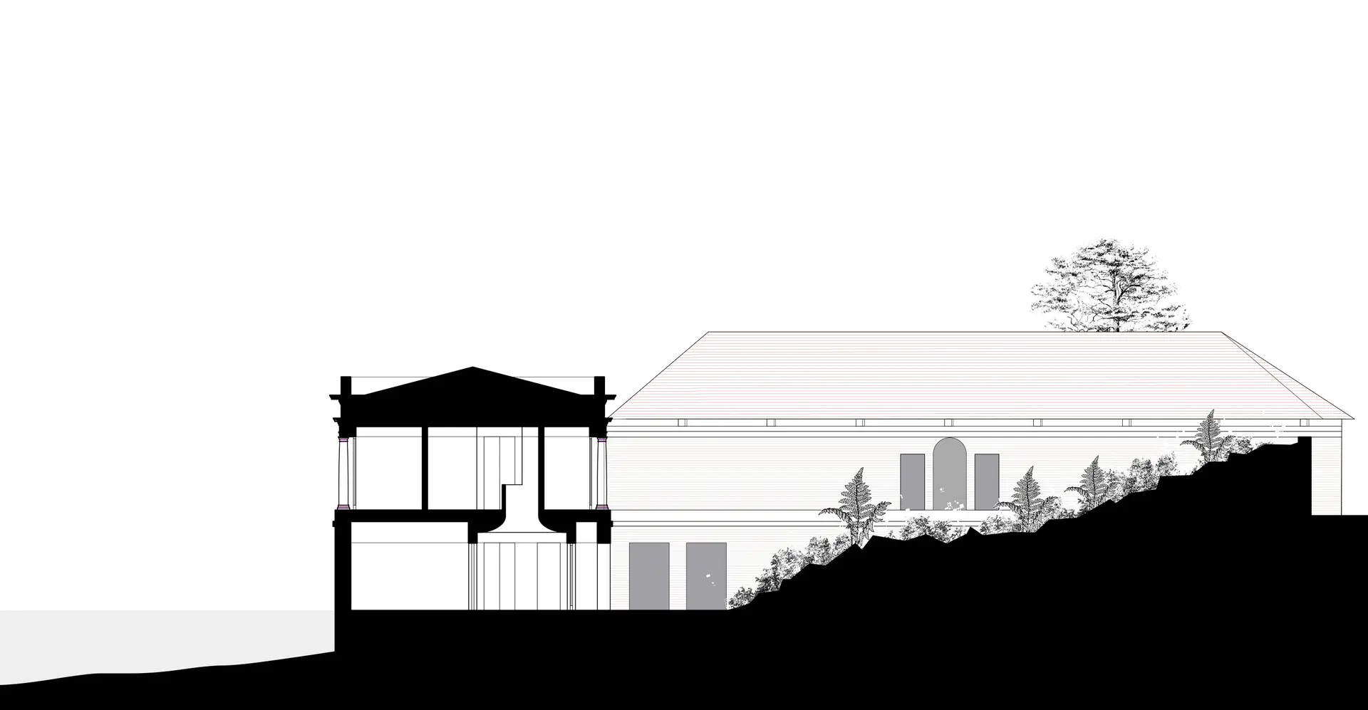 Cross section through bedroom lobby and rock garden